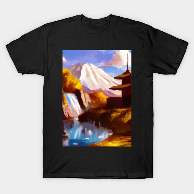 Japan Tower Waterfall Painting T-Shirt by maxcode